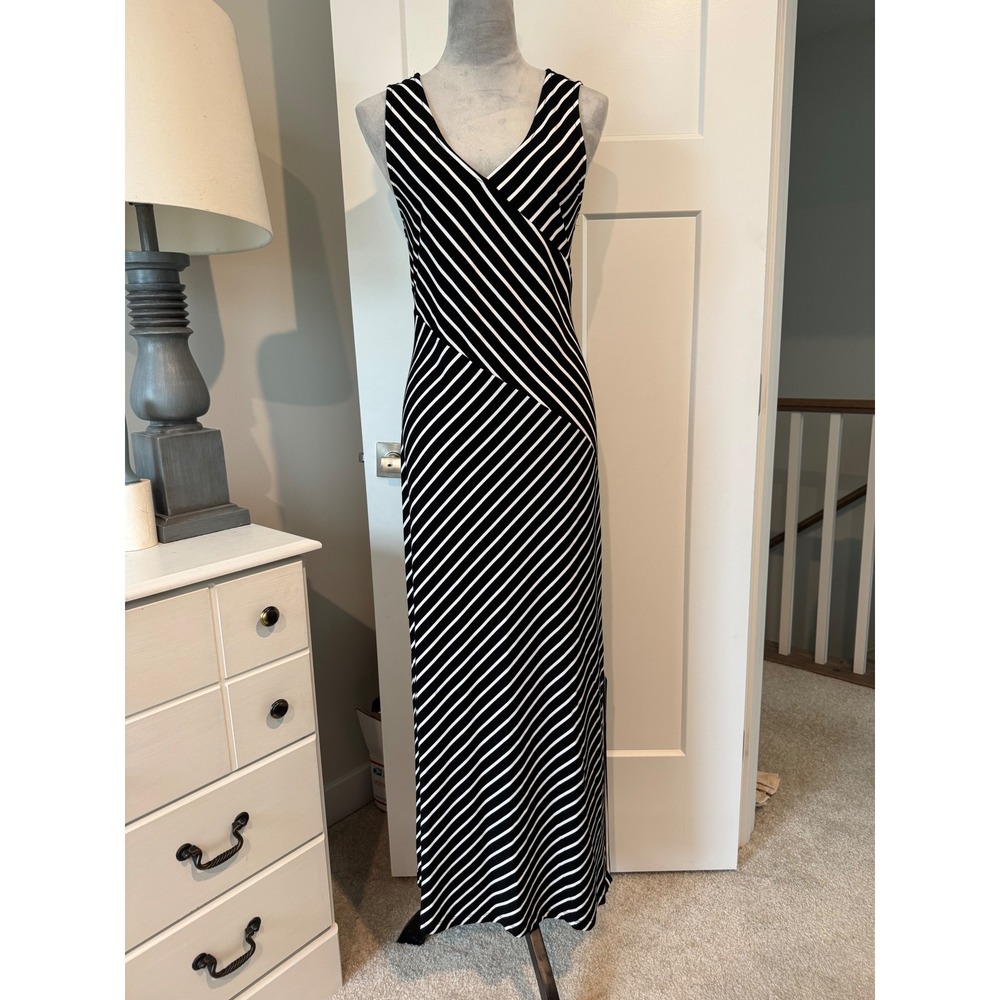 Hailey Lyn Slimming Black White Diagonal Stripe V-Neck Maxi Dress Size L NWT